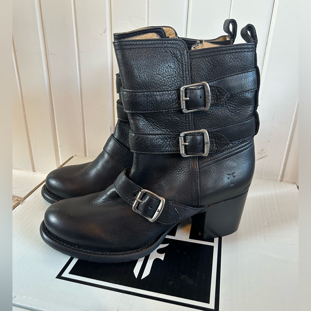 Frye Black Leather Heeled Boots with Buckles